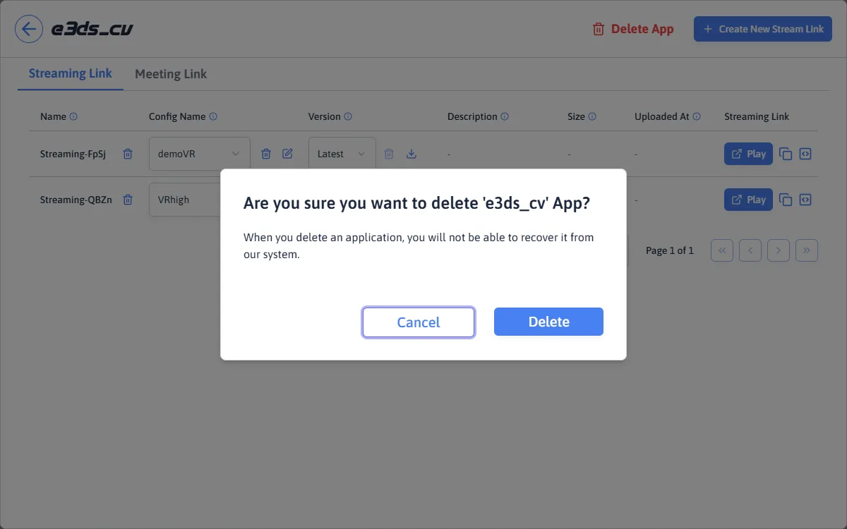The confirmation box: Are you sure you want to delete the App? with Cancel and Delete buttons