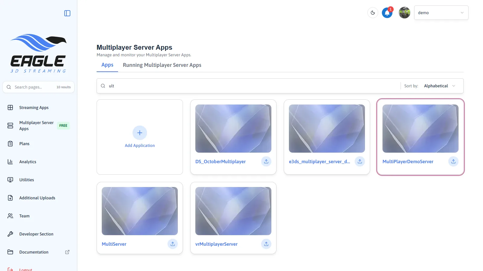 An uploaded server app, MultiPlayerDemoServer, highlighted in the Multiplayer Server Apps grid
