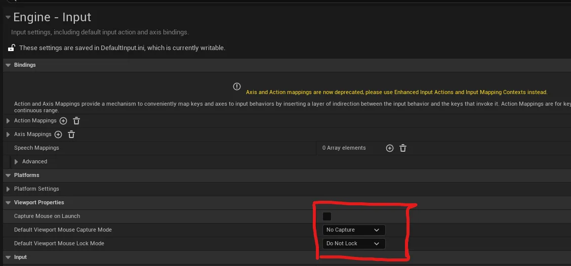 Project Settings, Engine - Input, Viewport Properties: Capture Mouse on Launch unticked, Default Viewport Mouse Capture Mode No Capture, Default Viewport Mouse Lock Mode Do Not Lock