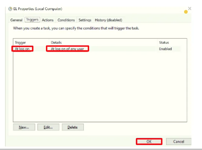 Setting the trigger to At log on of any user