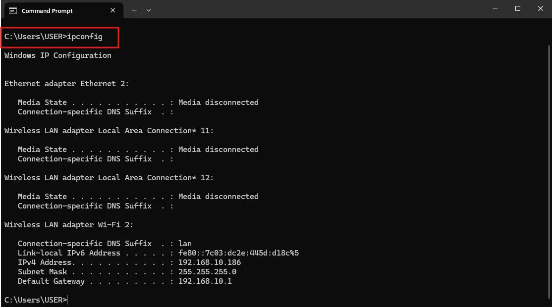 Finding the IPv4 address with ipconfig