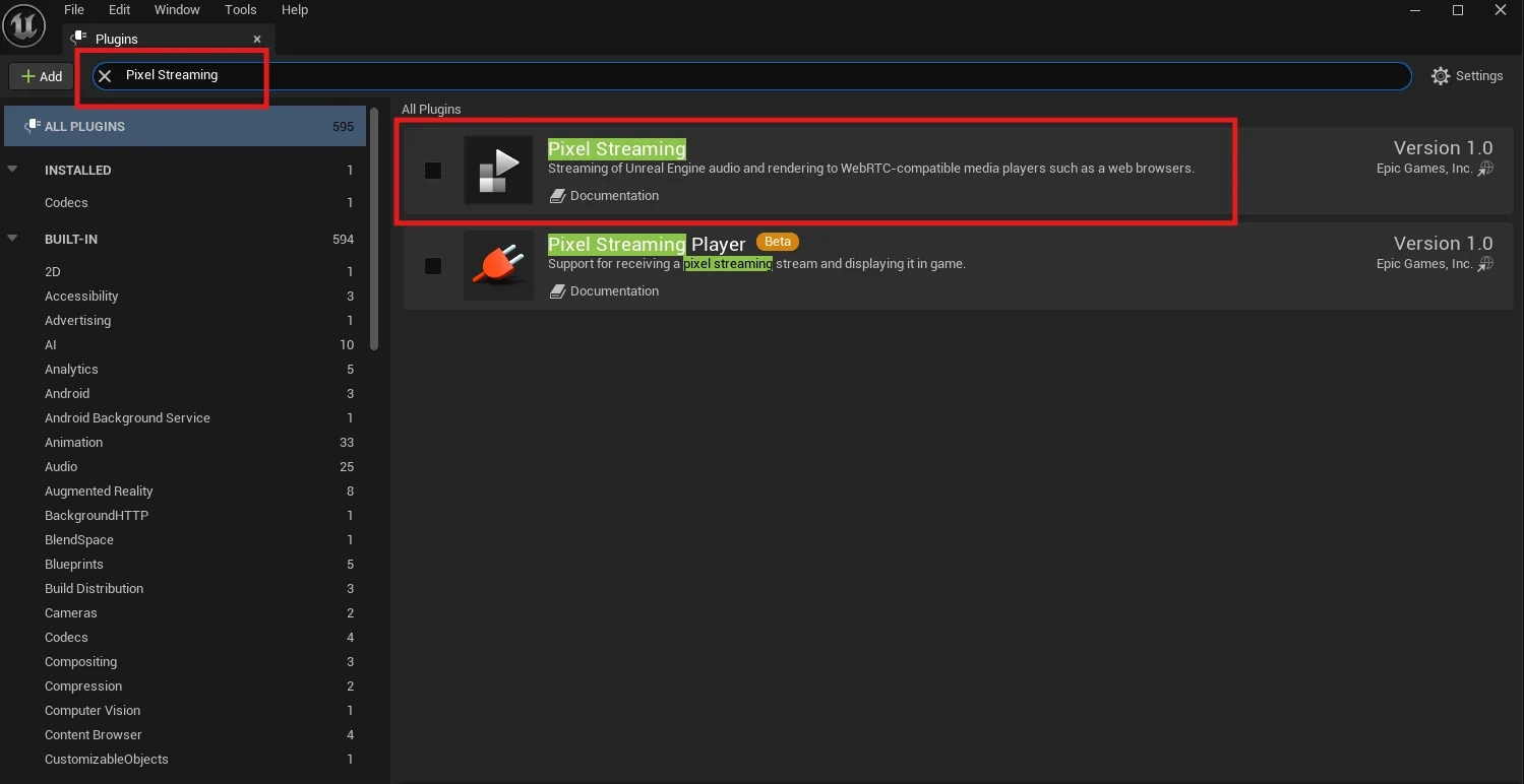 The Plugins window searched for Pixel Streaming, with the Pixel Streaming plugin highlighted above Pixel Streaming Player