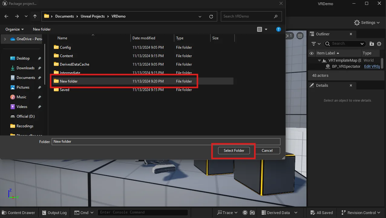 The Package project folder dialog with an empty New folder selected and Select Folder highlighted