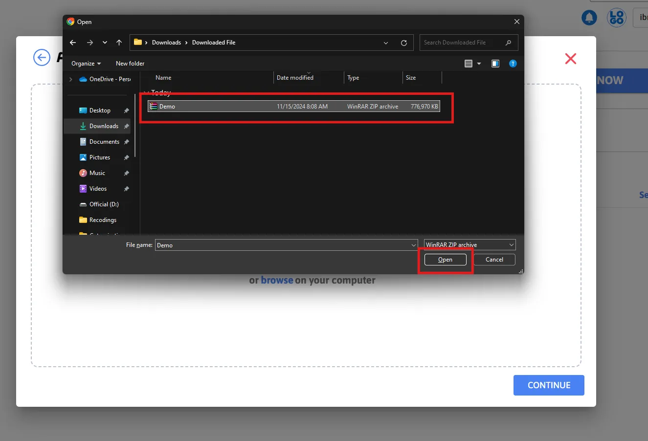 Selecting the downloaded ZIP file