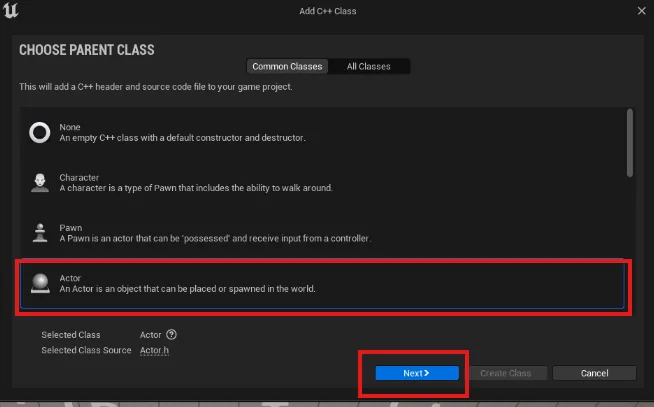 Choosing Actor when adding a new C++ class