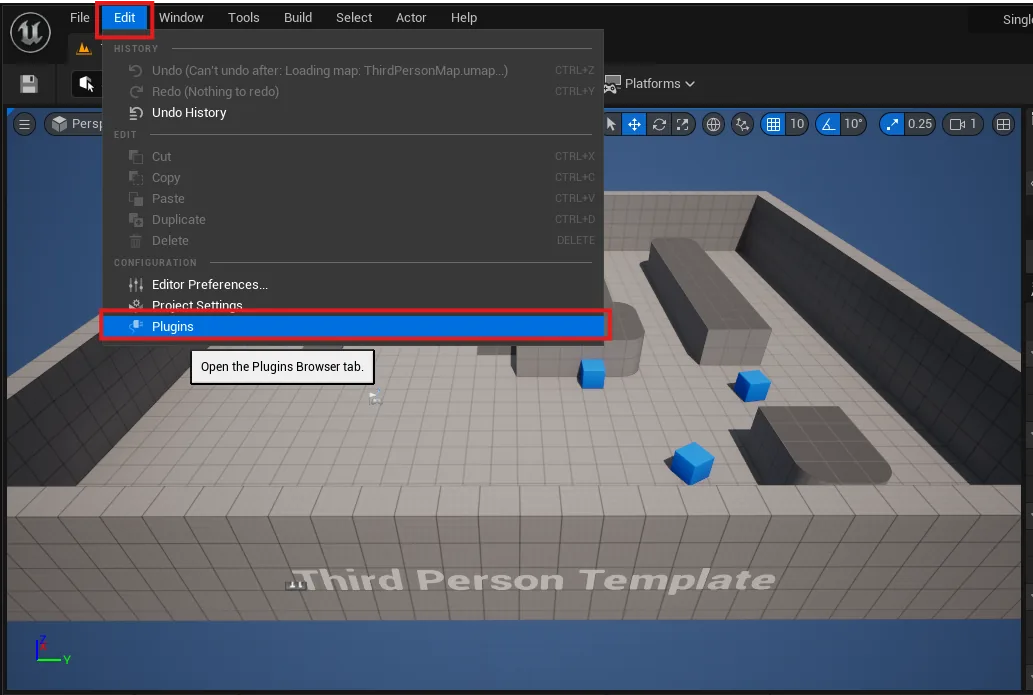 The Plugins entry in Unreal's Edit menu