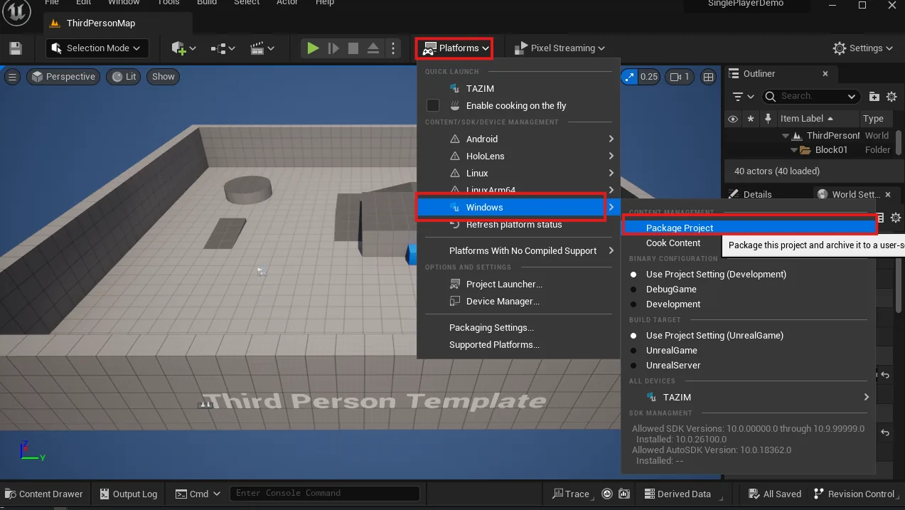 The Package Project option under Platforms, Windows