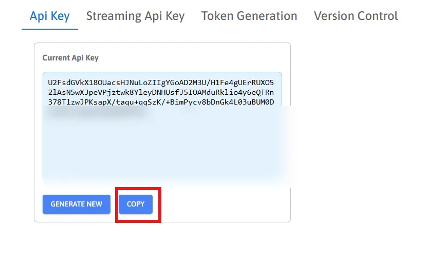 Copying the generated API key