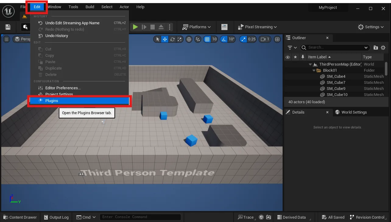 The Plugins entry in Unreal's Edit menu