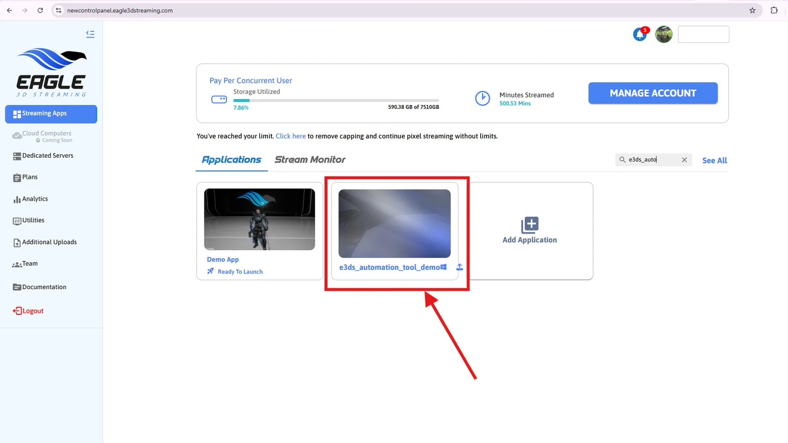 The uploaded application in the Control Panel