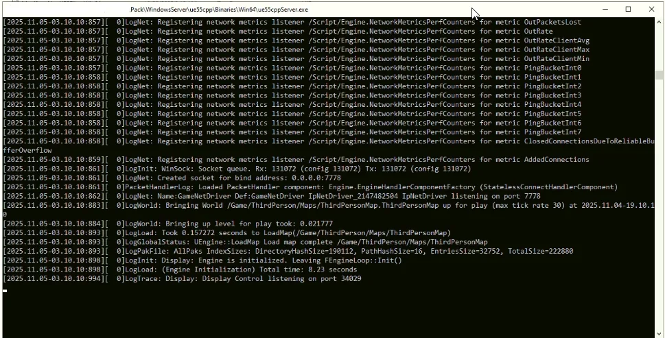 The server console window showing log output