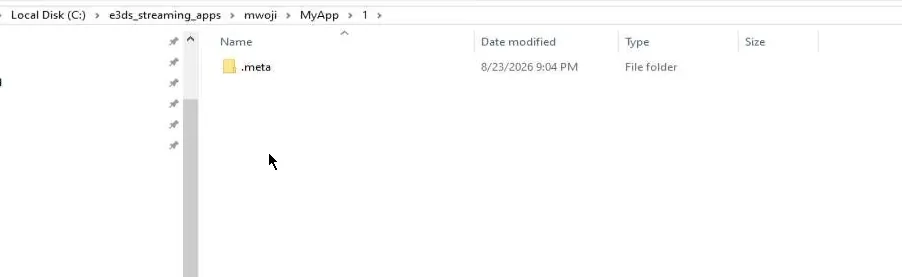 The version directory C:\e3ds_streaming_apps\mwoji\MyApp\1 with only the .meta folder left