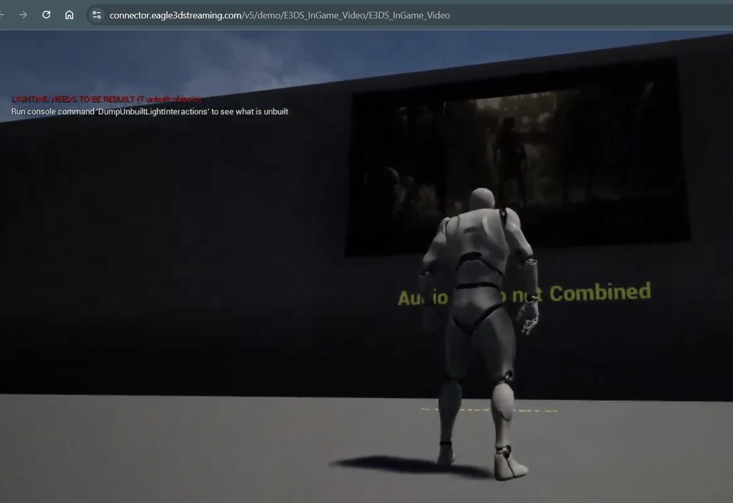 Screen 1 in the demo: the video plays on a wall screen labelled Audio and video not combined, with sound