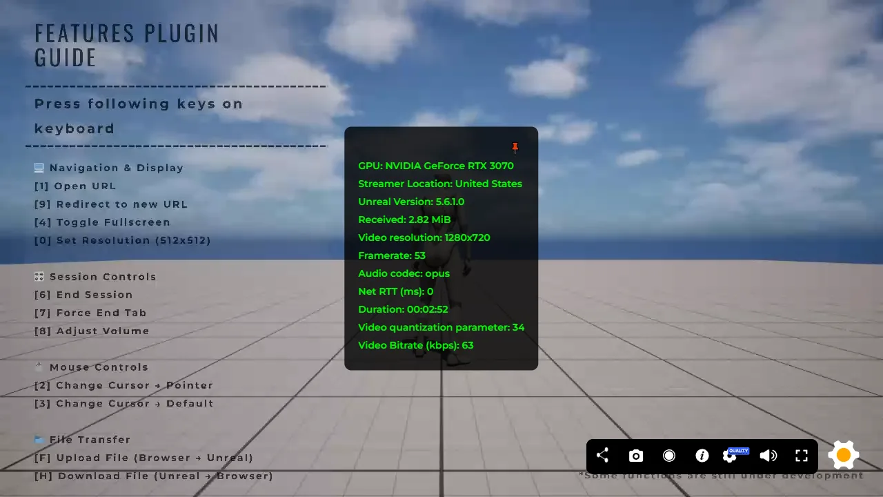 The info panel listing GPU, streamer location, Unreal version, data received, resolution, frame rate, codec, network round trip, duration, quantization parameter and bitrate
