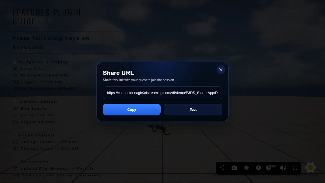 The Share URL box with the session link, a Copy button and a Test button