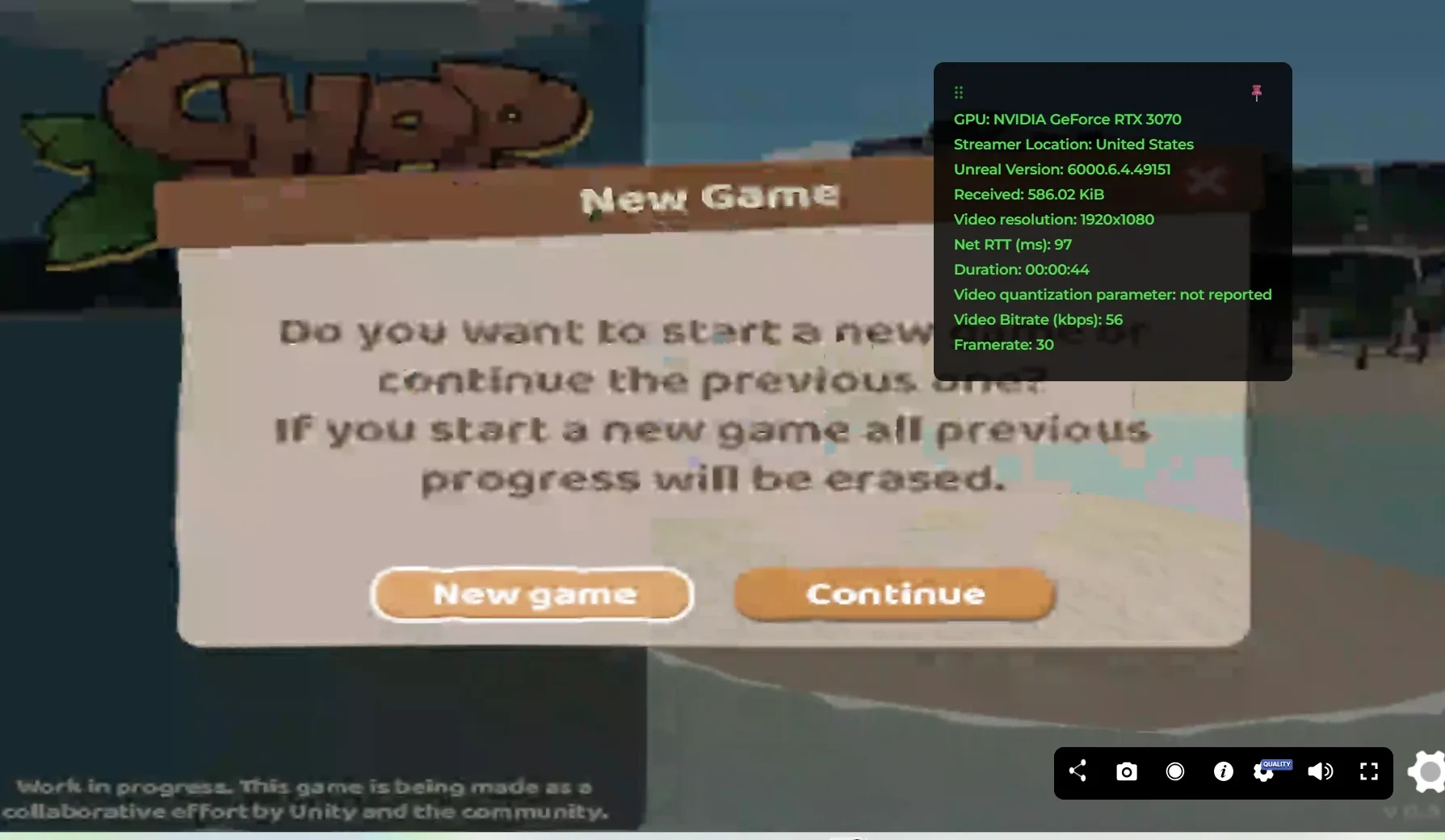 Chop Chop's New Game dialog streamed at Render Streaming's default limit: the text and edges are blocky, and the statistics panel shows a video bitrate of 56 kbit/s at 1920 x 1080
